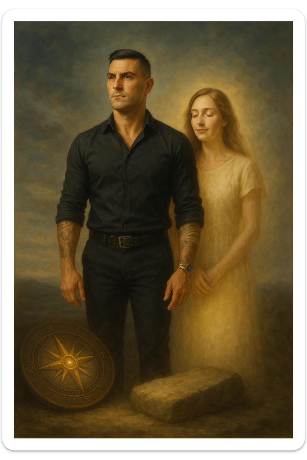 Uomo tra i 35 e i 45 anni in piedi accanto alla sua compagna, in uno spazio calmo e simbolico. Lui guarda avanti con sguardo deciso, postura ferma, braccia rilassate ma solide, mentre la donna al suo fianco si sente protetta e leggera, con un’espressione serena. Intorno all’uomo, simboli di direzione e stabilità (bussola, luce calda, pietra solida sotto i piedi). La donna ha una luce morbida attorno, come se fosse alleggerita dalla presenza maschile. Ambientazione naturale o metaforica. Stile realistico, con tocchi simbolici. Tono calmo, profondo, ispirazionale sticker