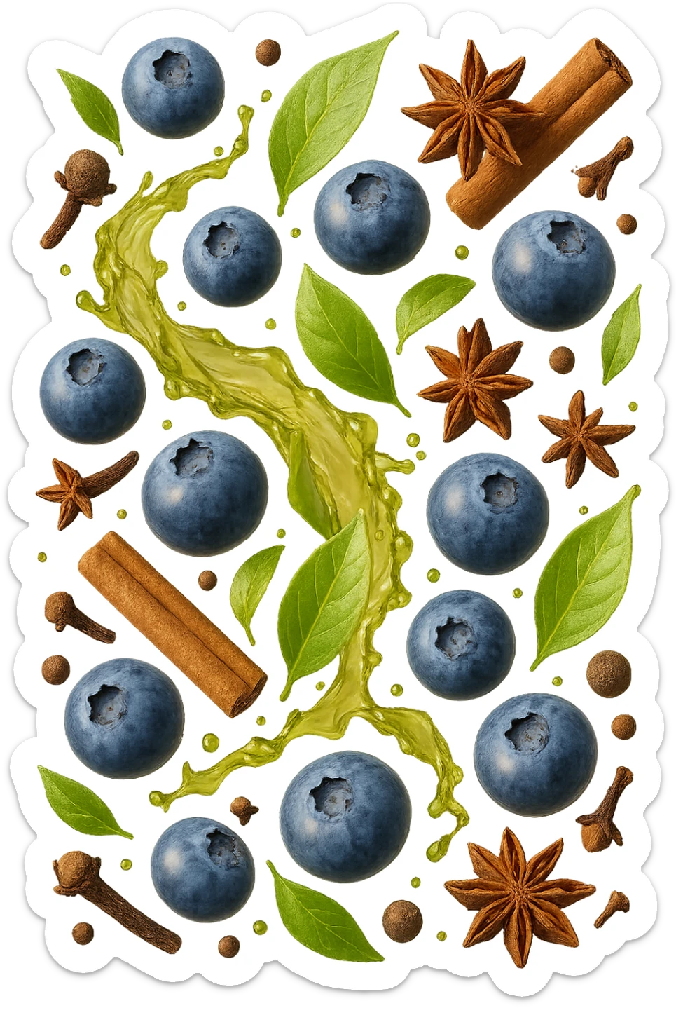 mirtilli, thè verde, spezie, fluttuano in aria, iperrealistico 4k sticker