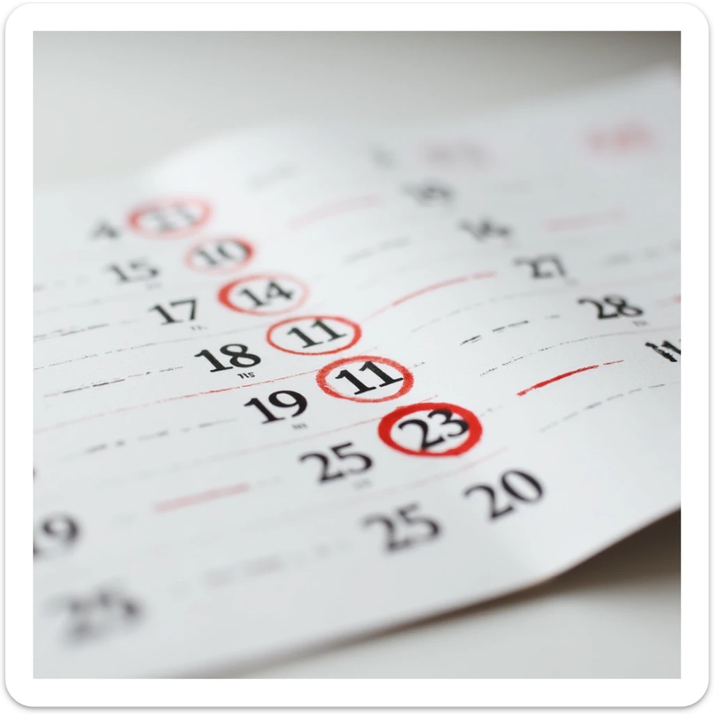 photorealistic calendar page in 4K with seven consecutive days circled in red, no background, very realistic appearance sticker