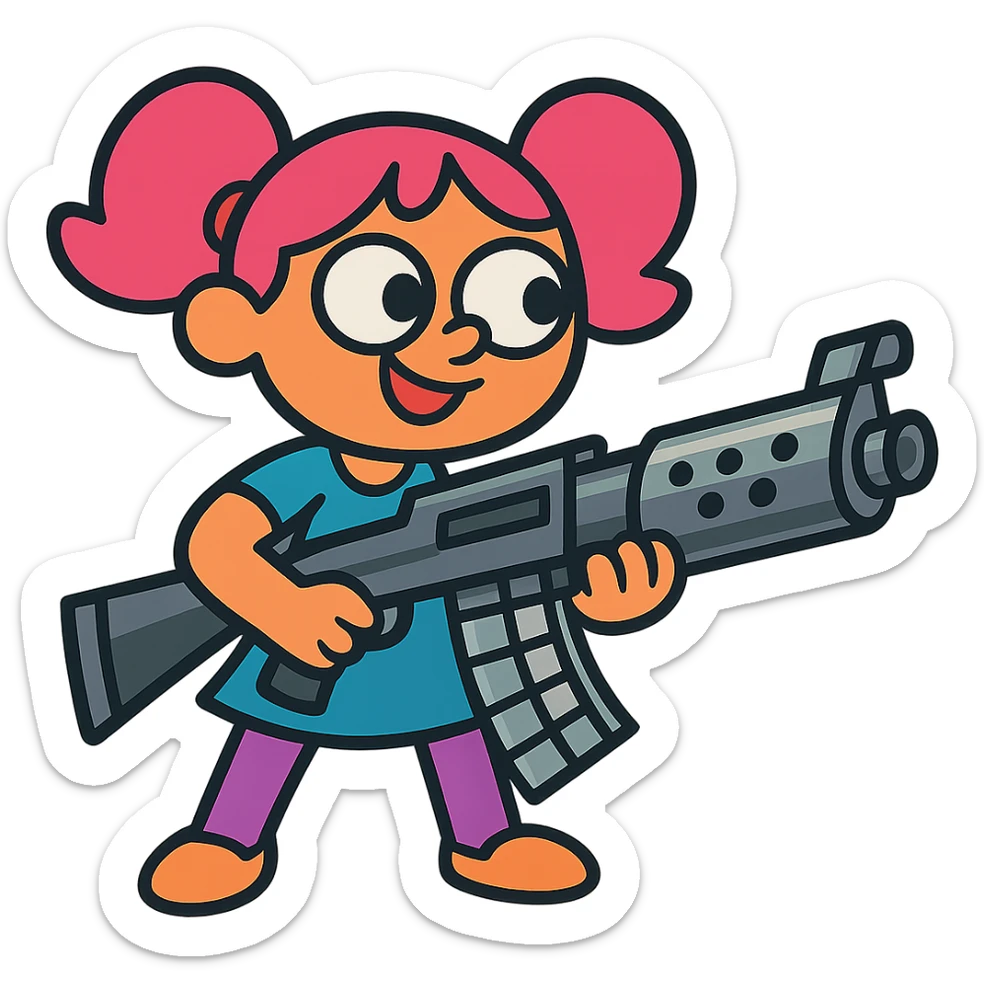 funny, positive stalker girl named Businka with a huge machine gun sticker