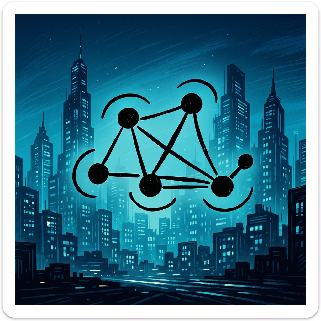 Add a futuristic city background, keep the hand-drawn neural network diagram as the main subject, maintain doodle style sticker