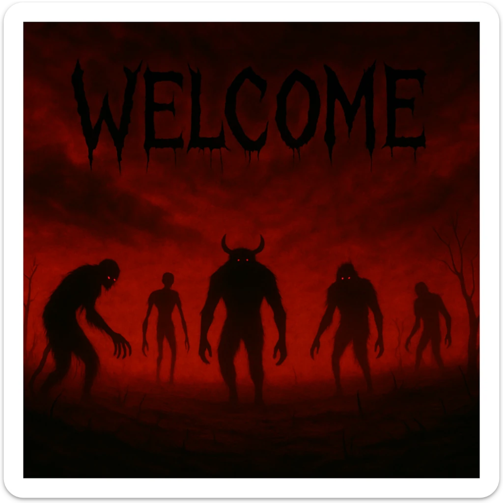 Add the word 'Welcome' in creepy, horror-themed text, integrated into the apocalyptic monsters banner. The text should have a dark, menacing style that fits the apocalyptic and monstrous theme. sticker