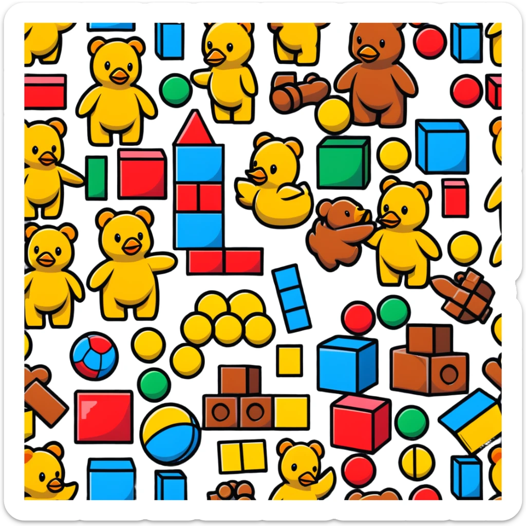 Colorful toys scattered together - teddy bear, rubber duck, toy blocks, ball, and action figures sticker