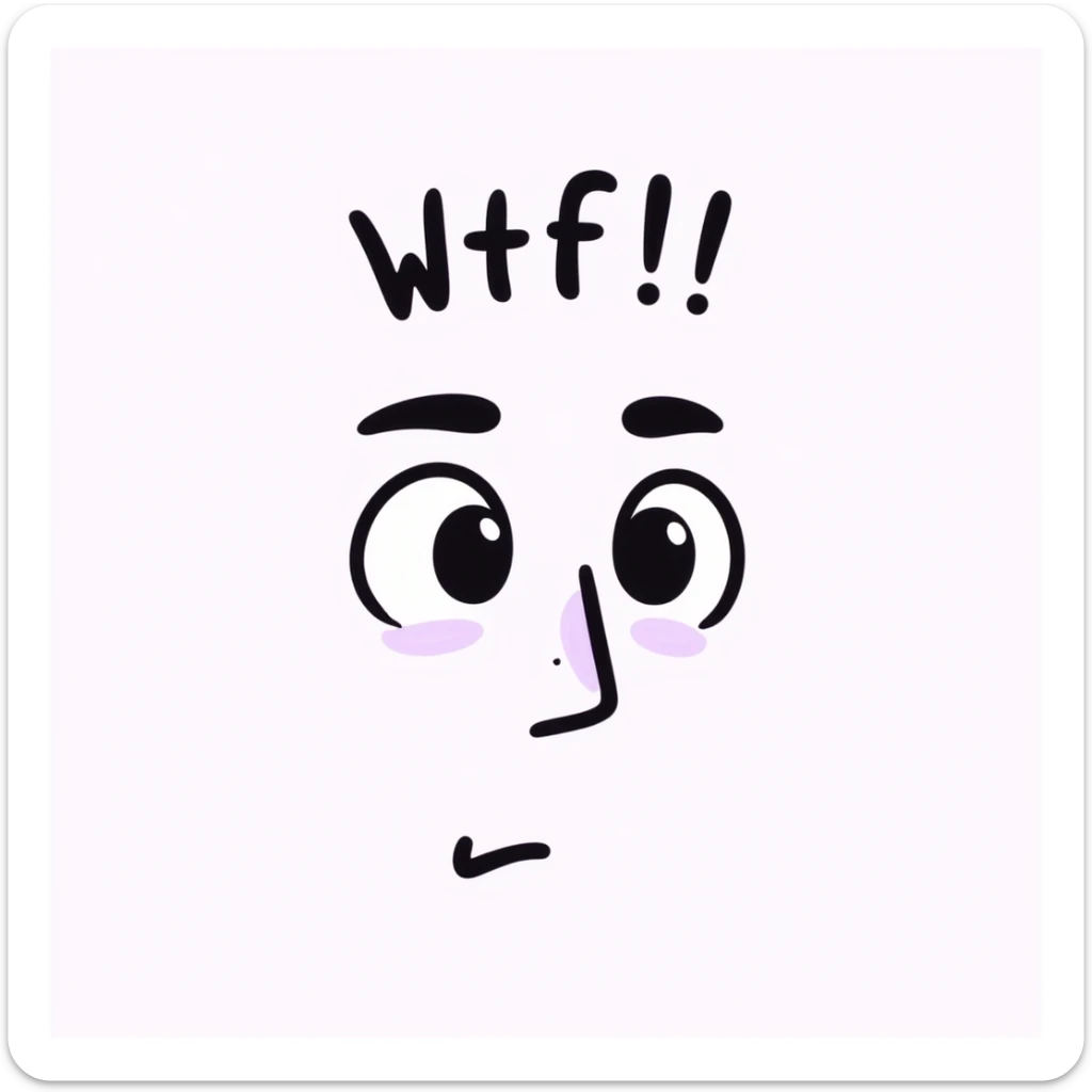 wide-eyed face emoji with one raised brow, small 'wtf' above the head in cursive or chalk font, soft lilac color palette, expresses a 'WTF' reaction—shocked, confused, or mildly judging but still cute, doodle-like, emotional, poetic, pastel dreamy vibe, suitable for Telegram channel sticker