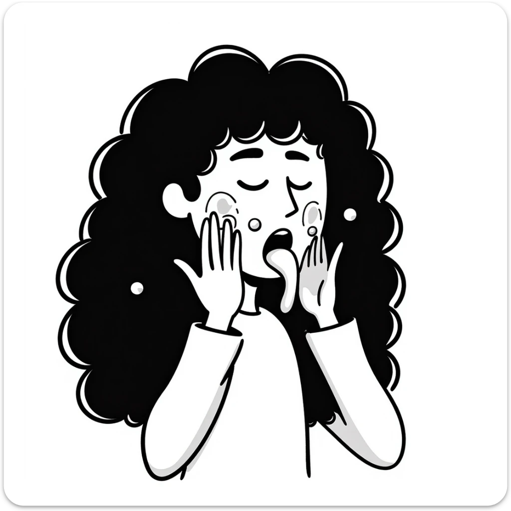 surprised disgusted woman with long messy curly black hair, thick goopy white liquid on cheeks, lips, tongue, tongue out, eyes shut, gunk dripping and matting hair sticker