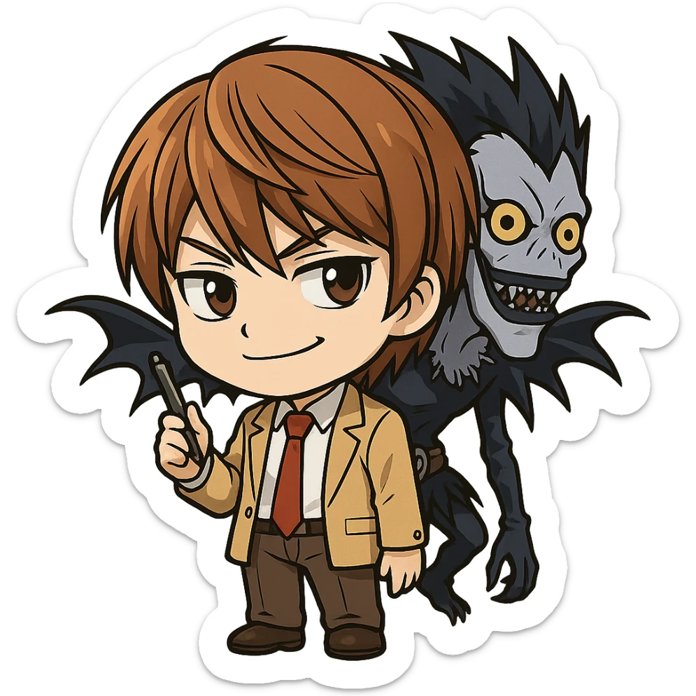 chibi style Light Yagami from Death Note smirking, holding a pen, Ryuk in the background, brown hair, school uniform sticker