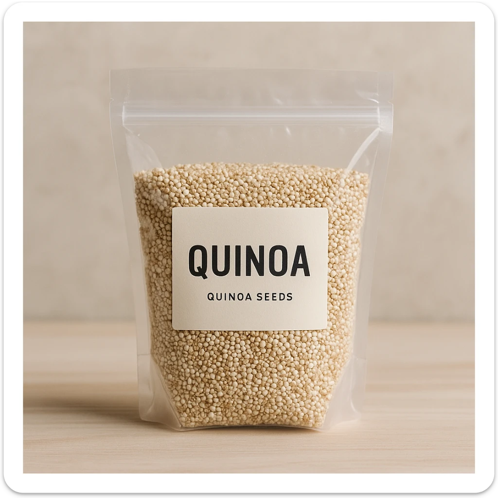 realistic photo of a transparent bag with quinoa seeds and visible label sticker