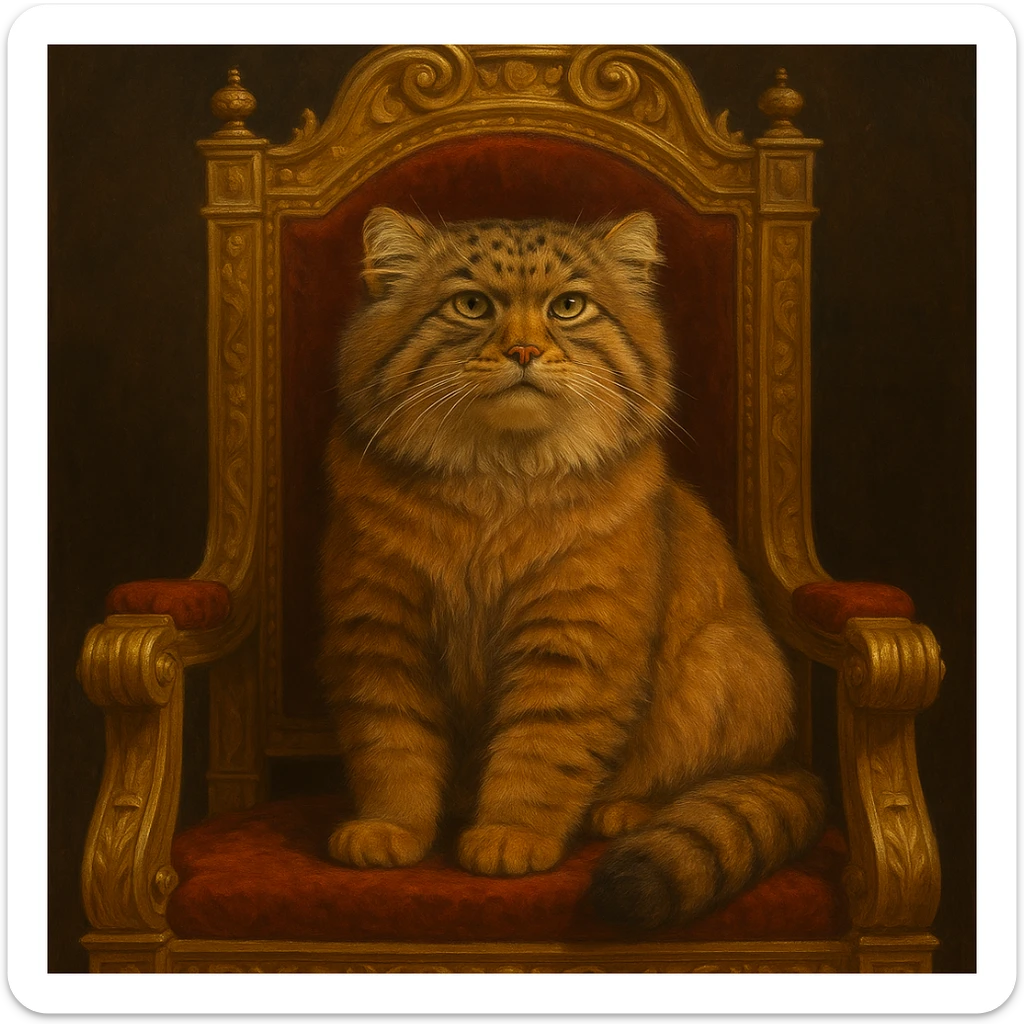 A brown-orange Pallas's cat (Manul) sitting on a royal throne, looking majestic sticker