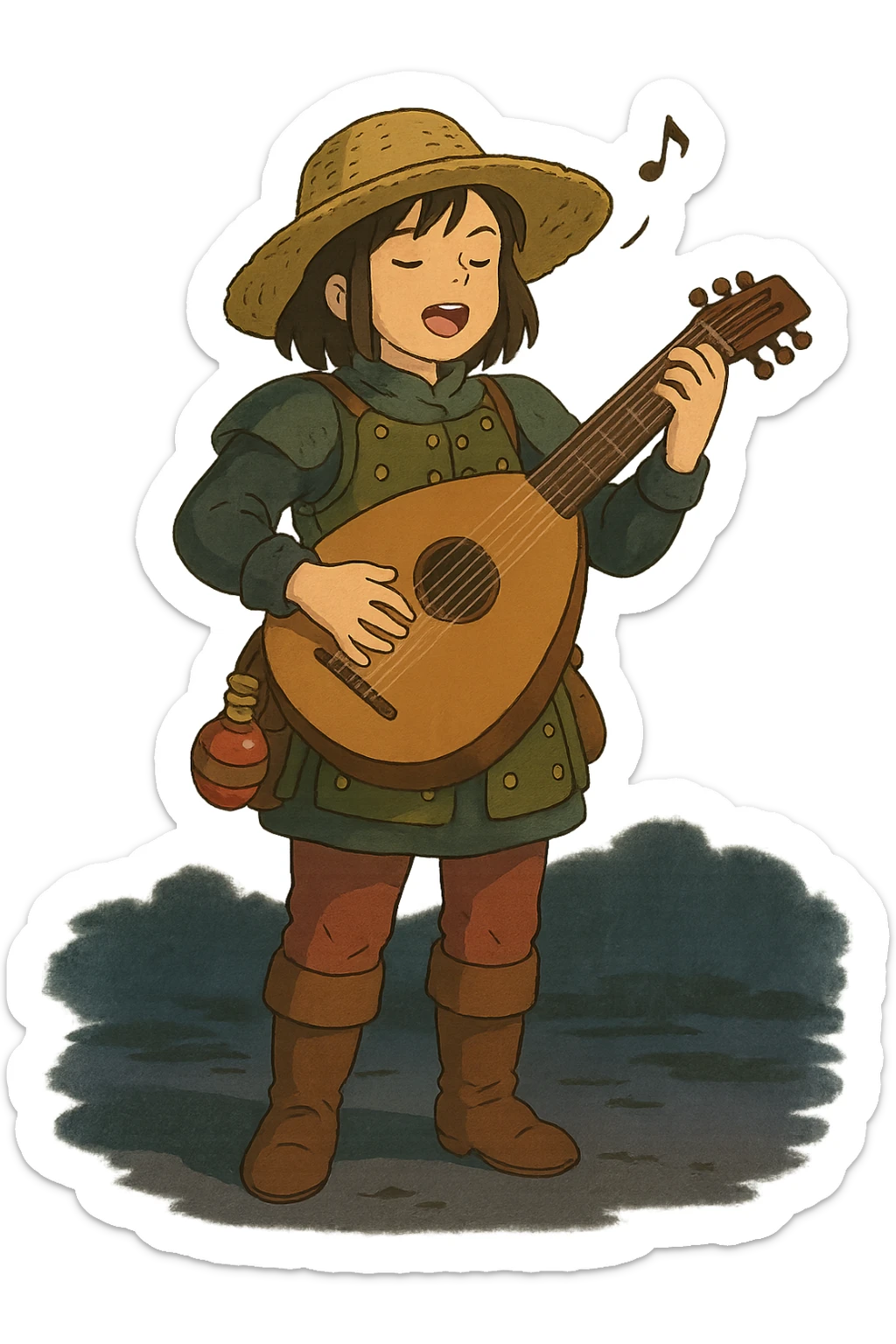 A female bard wearing brigandine armor with a sturdy straw hat, playing a fat lute and singing, night time shadows  , tool belt with red potion and bandages  sticker