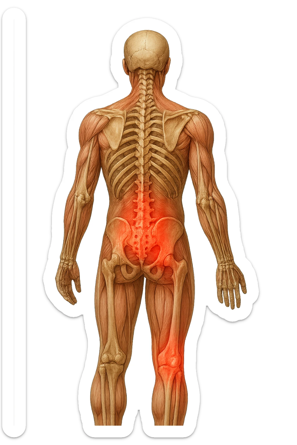 corpo umano anatomico con mal di schiena e al ginocchio, iperrealiùstico 4k sticker