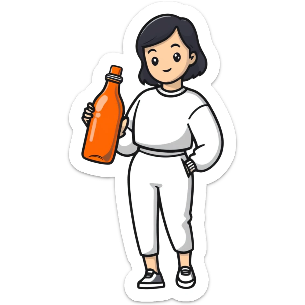 young woman holding a bottle of Malibu sticker