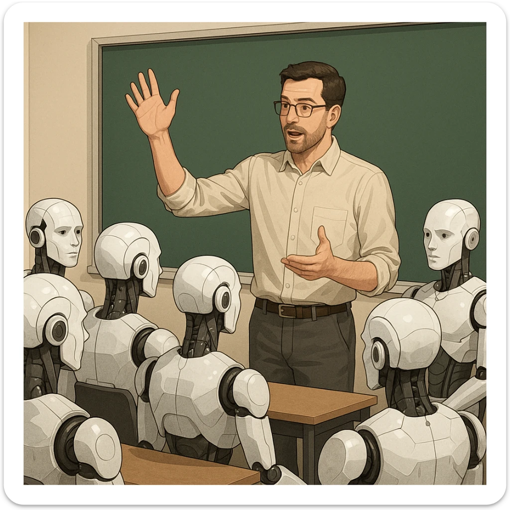 A human teacher standing in front of a classroom of androids, raising a hand to explain a concept sticker