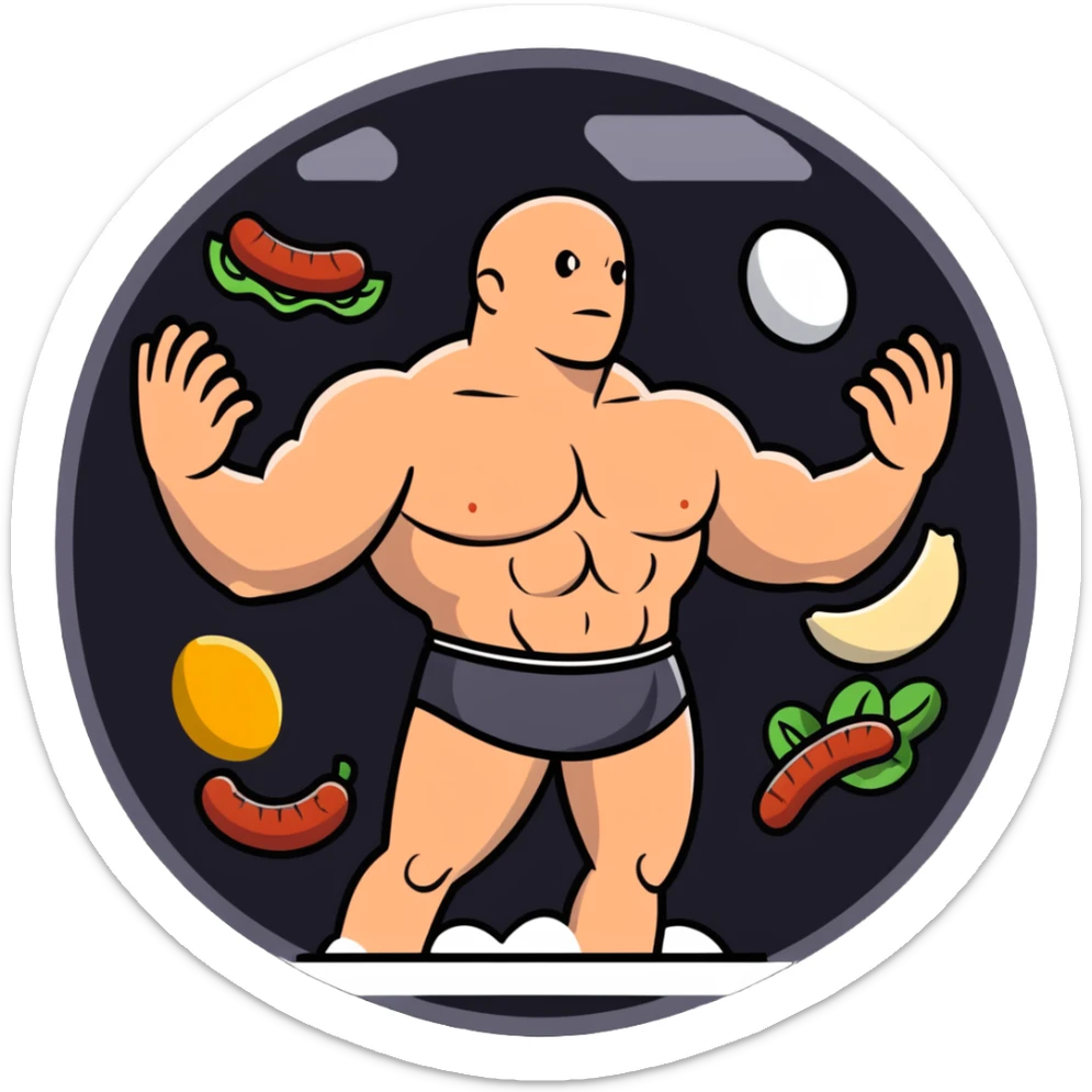 A floating warm orb with bright food icons (meat, egg, beans, tofu, yogurt) orbiting around a semi-transparent muscular human body. The body glows from within, with visible muscle fibers vibrating and expanding. sticker