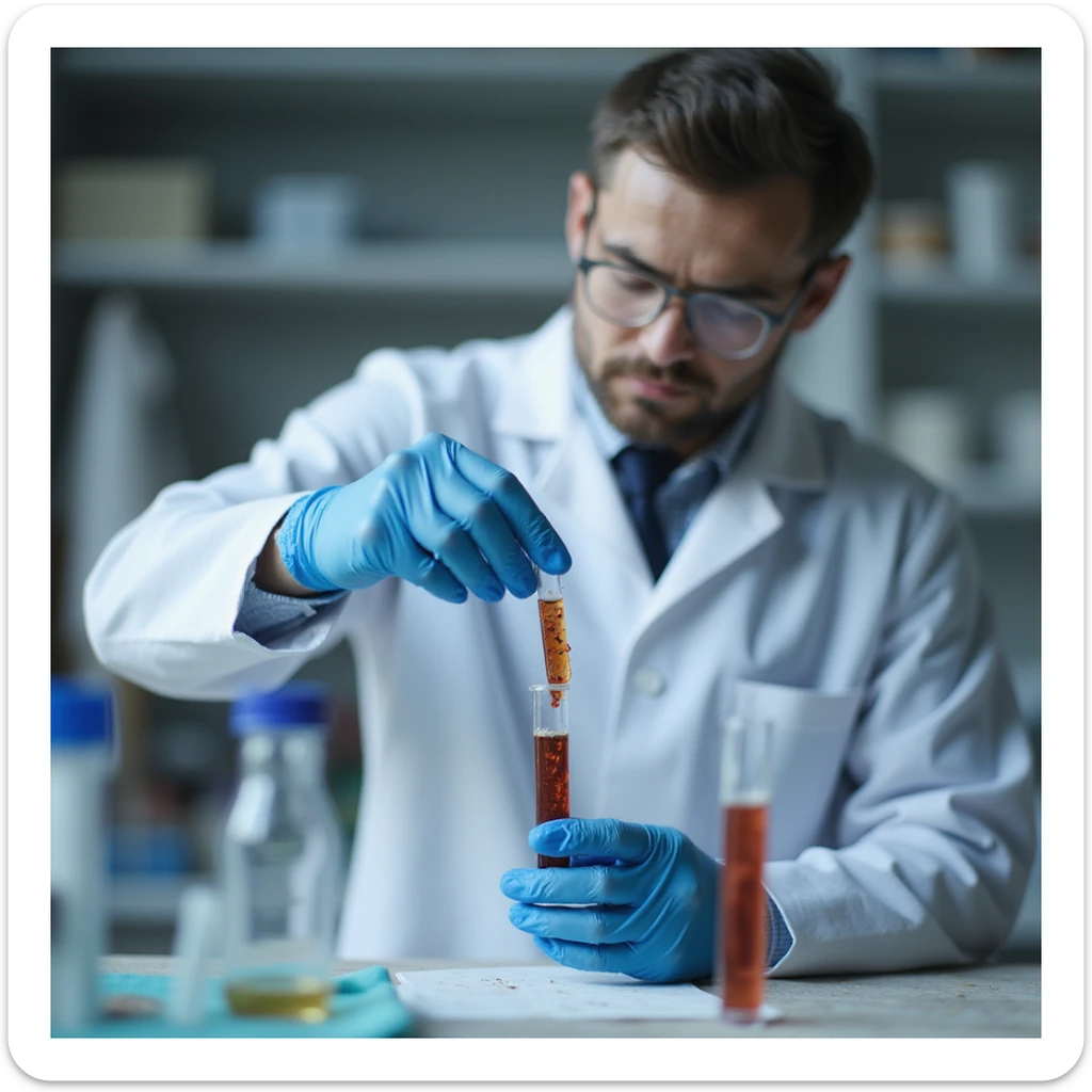realistic doctor pouring fecal sample into test tube for parasitological analysis, lab instruments visible sticker