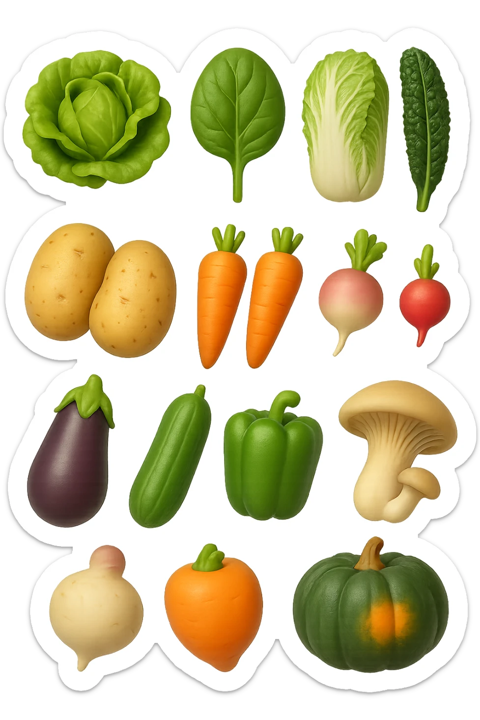 emoji stile iphone 3d di Lattuga, spinaci, cavolo cinese, cavolo nero
Patate, carote, rape, ravanelli
Melanzane, cetrioli, peperoni verdi
Funghi ostrica
Zucca kabocha
 che fluttuano in aria, iperealistico 4k sticker