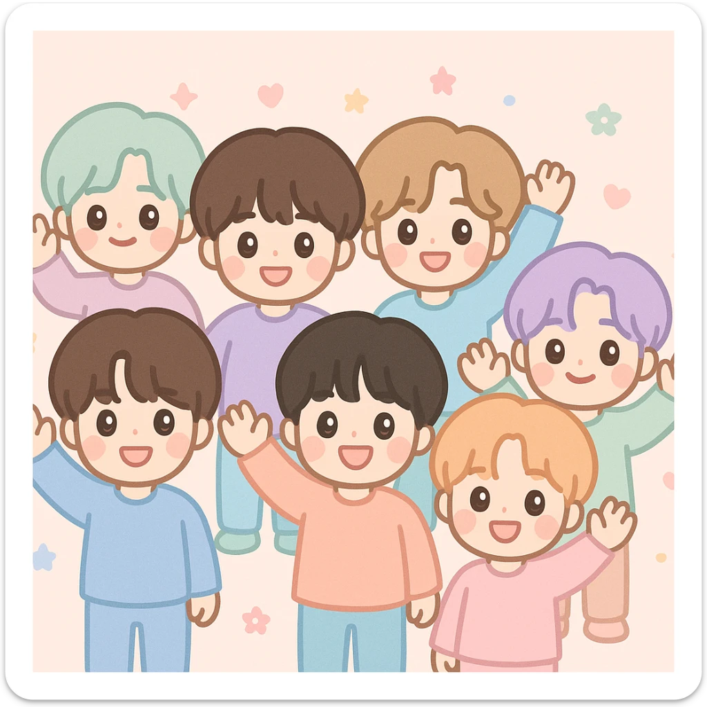 BTS emoji, all members together, waving, pastel tones, kawaii style sticker