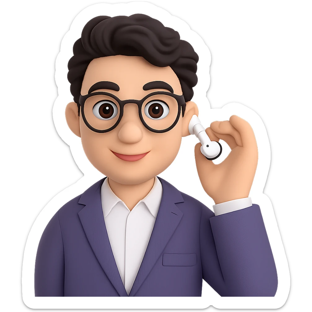 Change to a wavy hairstyle, keeping the Memoji-style 3D cartoon look. Maintain all other features and accessories the same, with a smart casual podcast host vibe. No background. sticker
