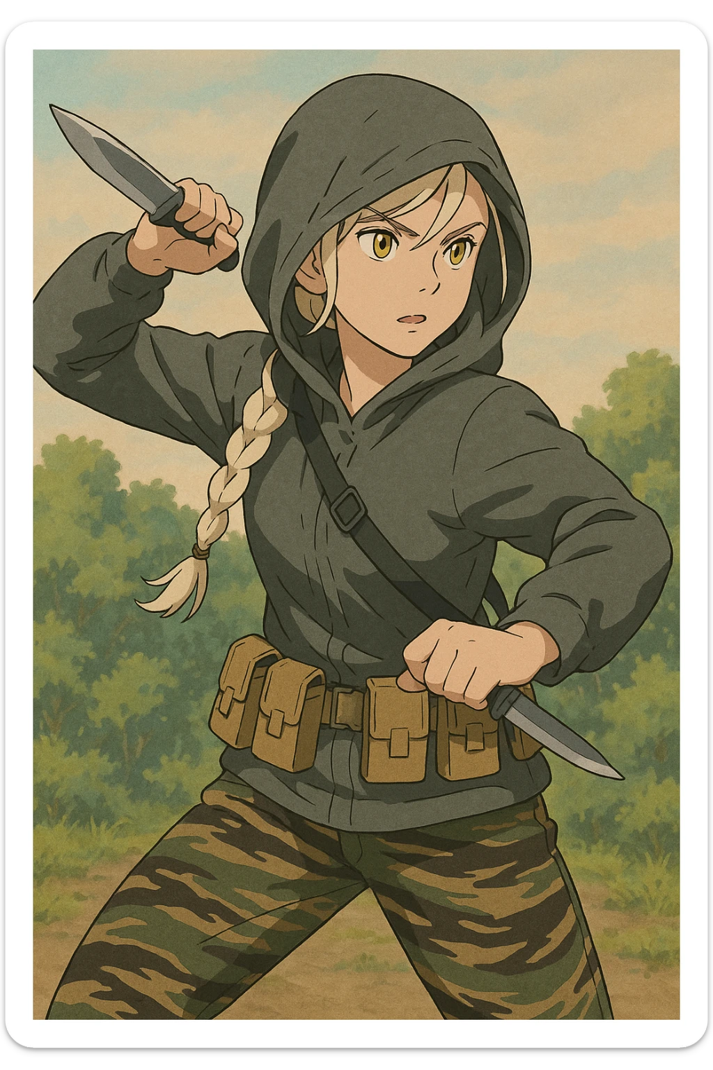 1 female, mid-20's  white hair long braid, gold yellow eyes, gray rainproof hoodie, hood up, single point sling, tan mag pouches on belt rig, tiger stripe camo pants, holding a combat blade, striking, swing sticker