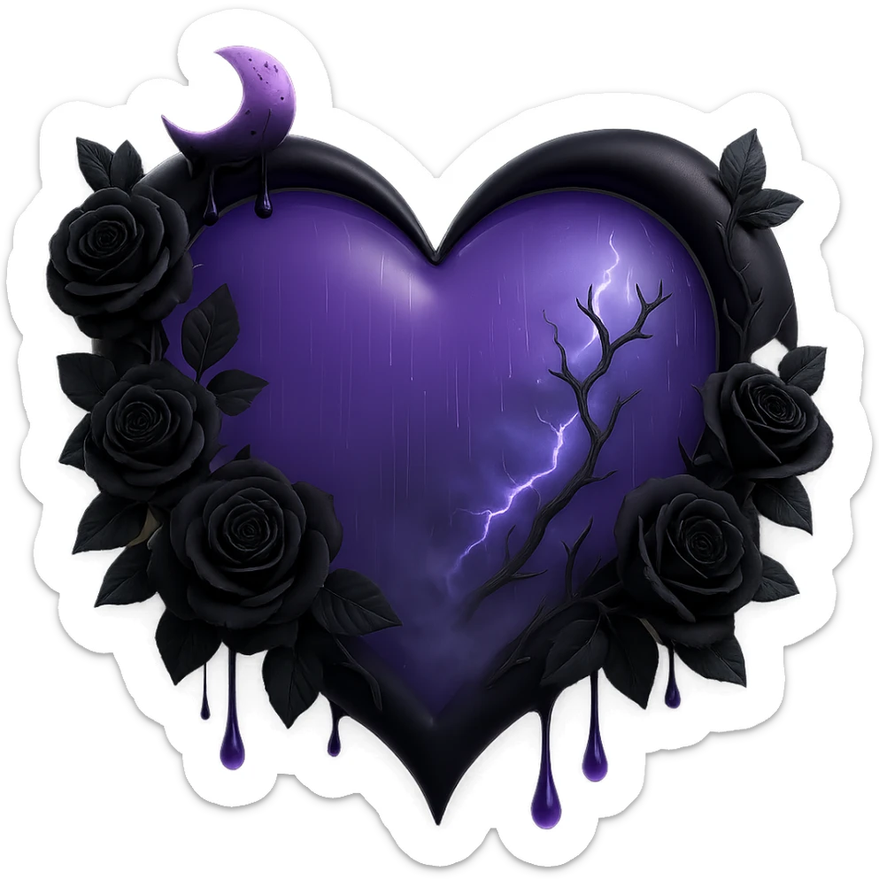 Make the black roses much more prominent and detailed, keeping the gothic heart, translucent purple glass, crescent moon with black drips, faint lightning bolts, misty rain, cracked glass with glowing mist, in the style of 3D emoji style, with no background. sticker