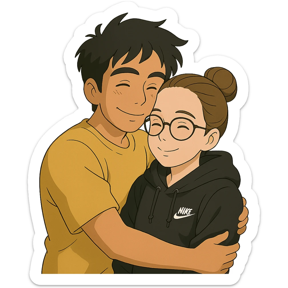 ghibli style hispanic man with black hair hugging a light-skinned woman in a black Nike hoodie, woman has one bun in the back and thin black glasses sticker