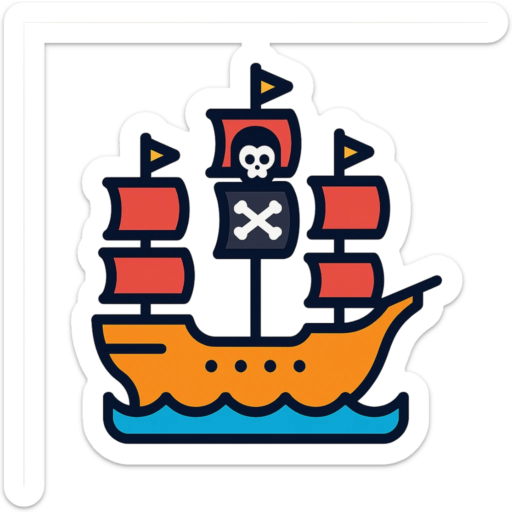 pirate ship, color outline icon style, black outlines with flat color fills, playful and clear, suitable for UI sticker