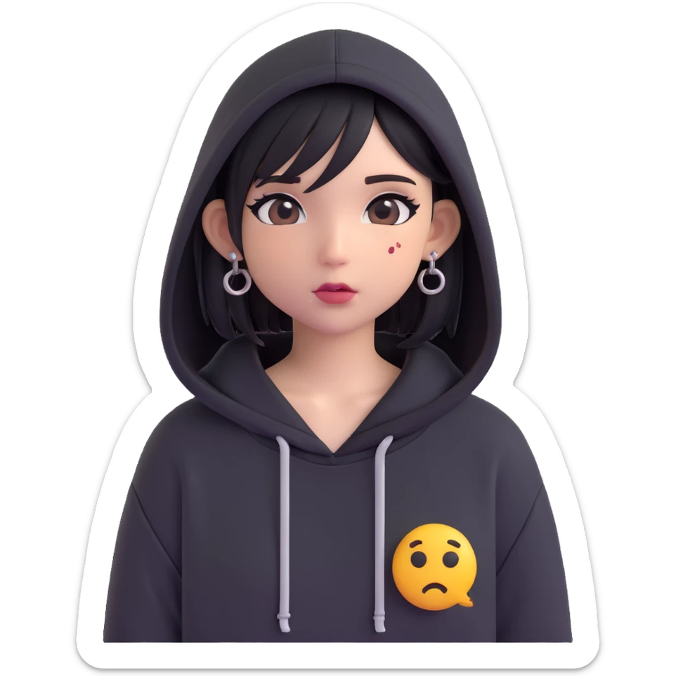 emo girl, black hoodie, piercings, side-parted hair, subtle makeup, modern emoji style sticker