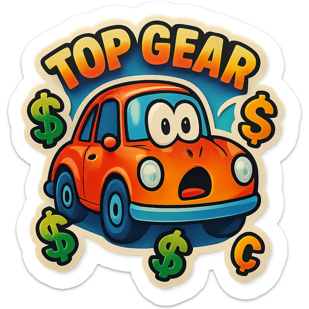 Top Gear sticker with a surprised expression and money symbols, vibrant and dynamic sticker