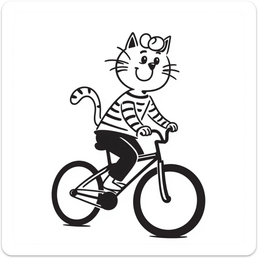cat riding a bike with blonde hair, hand drawn doodle style sticker