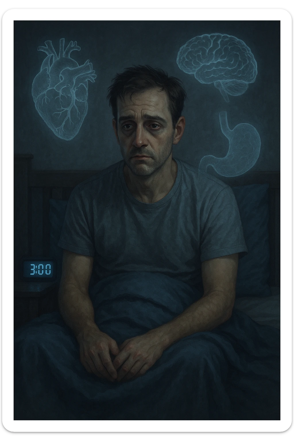 a man sits awake in bed in the middle of the night, dark circles under his eyes and a tired, anxious expression. The room is dimly lit by the blue glow of a phone or digital clock showing 3:00 AM. Around him, faint ghostly overlays of anatomical drawings highlight affected organs—heart, brain, and stomach—symbolizing the physical harm caused by disrupted sleep. sticker