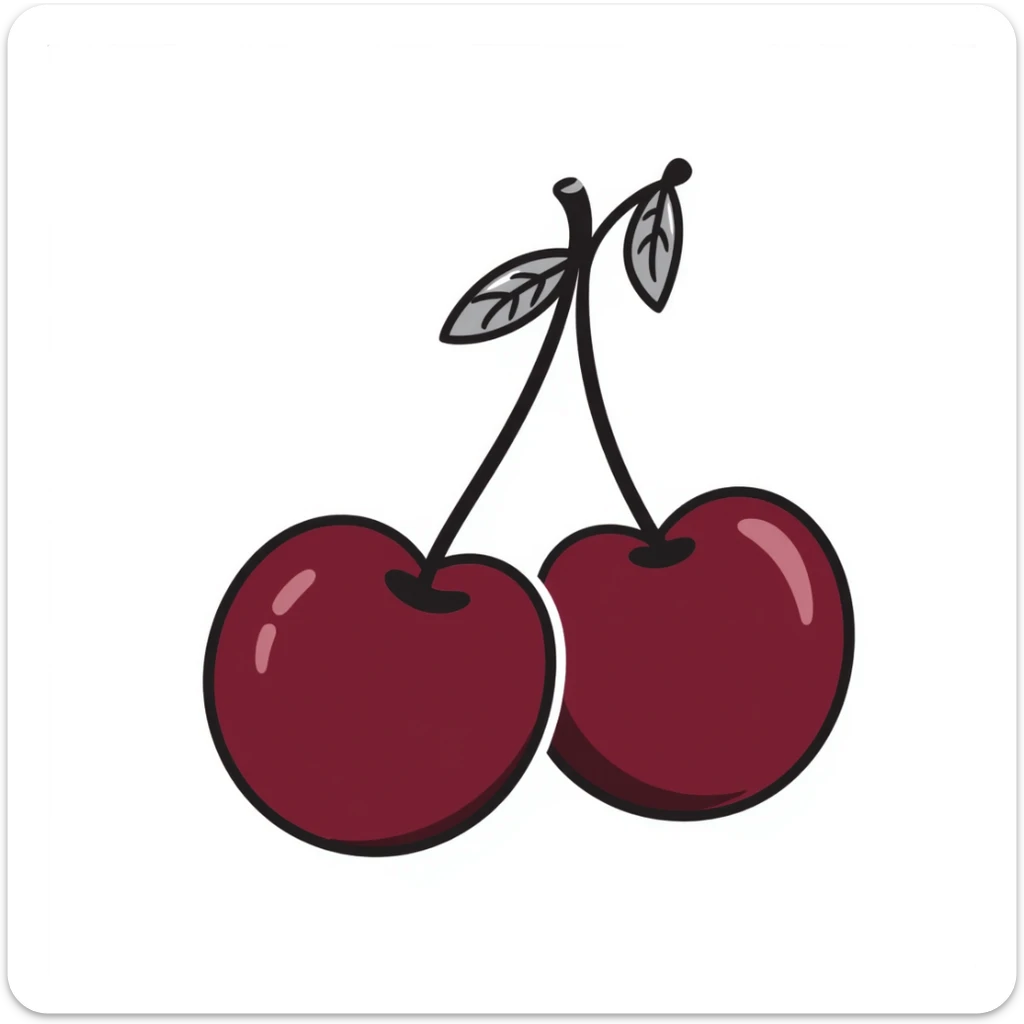 Hand-drawn pair of deep burgundy cherries with stem and leaves, dark rich red sticker