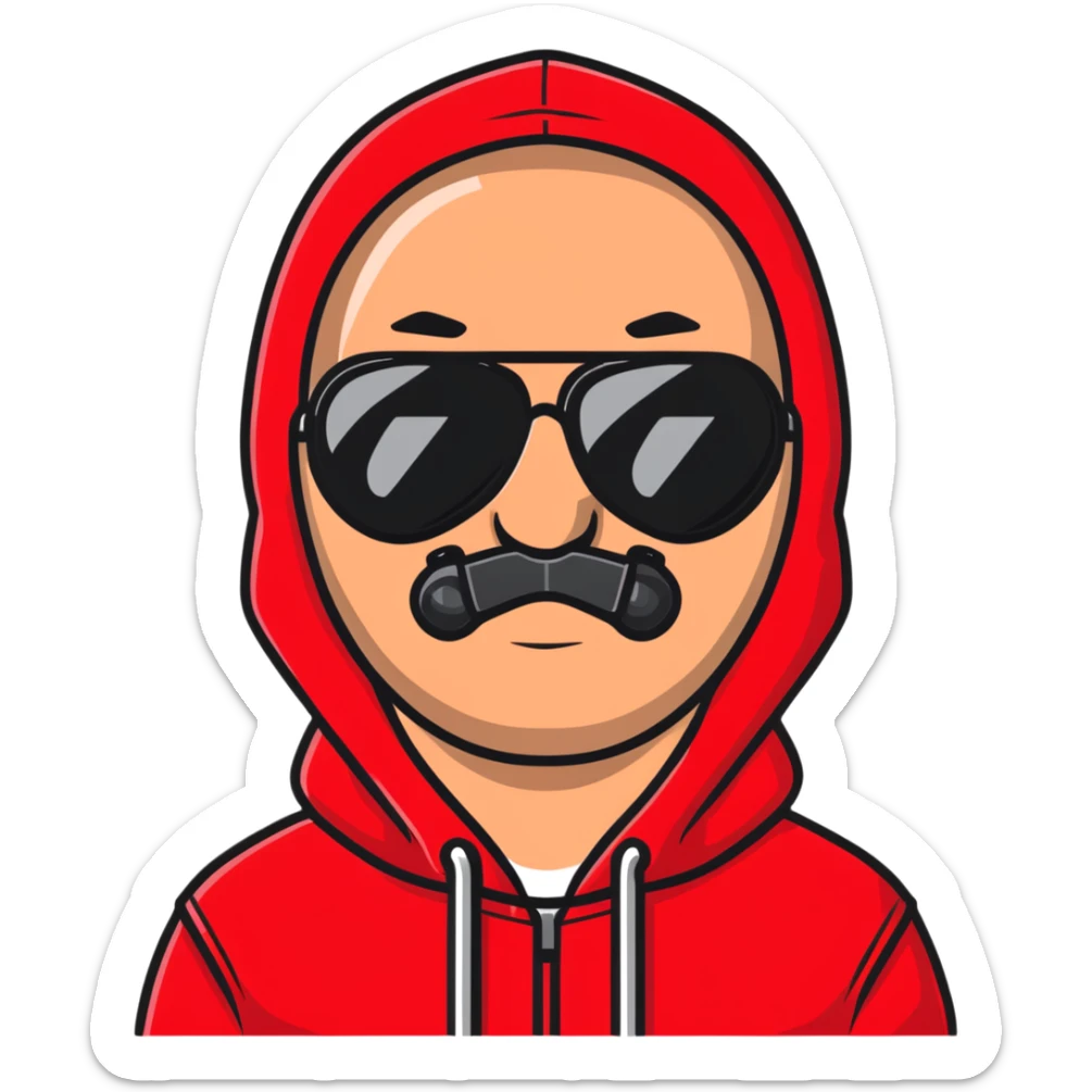 middle-aged man with minor hair growth on upper lip, black aviator sunglasses, red hoodie with hood covering head sticker