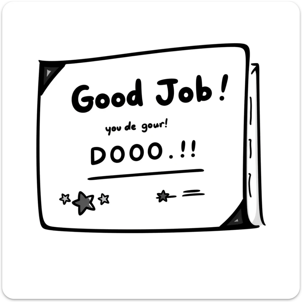 Achievement certificate with "Good Job!" in fun lettering and small star accents sticker