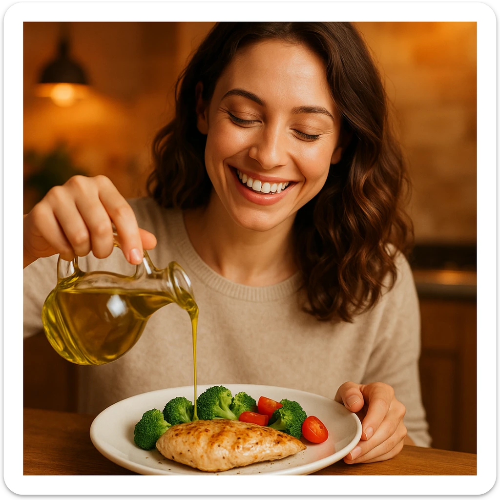 donna che usa olio d'oliva contenta nel suo piatto con petto di pollo sticker