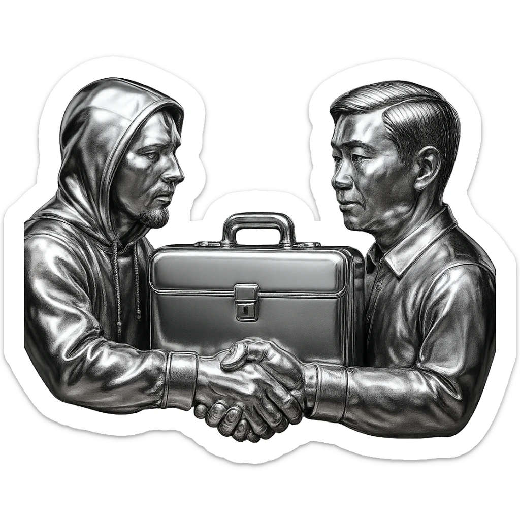 A chrome-hoodie-wearing white man with a goatee shakes hands with a Chinese man, handing over a briefcase of cash, AMG car in the background. sticker