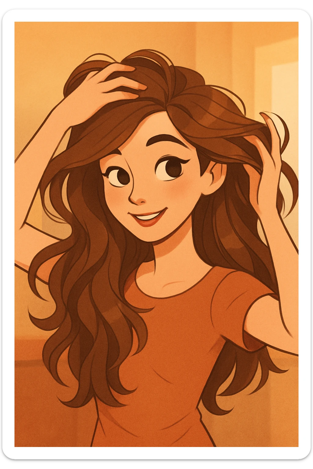 beautiful young woman with flowing brown hair, using her hands to style it, warm and inviting atmosphere, contemporary cartoon style sticker