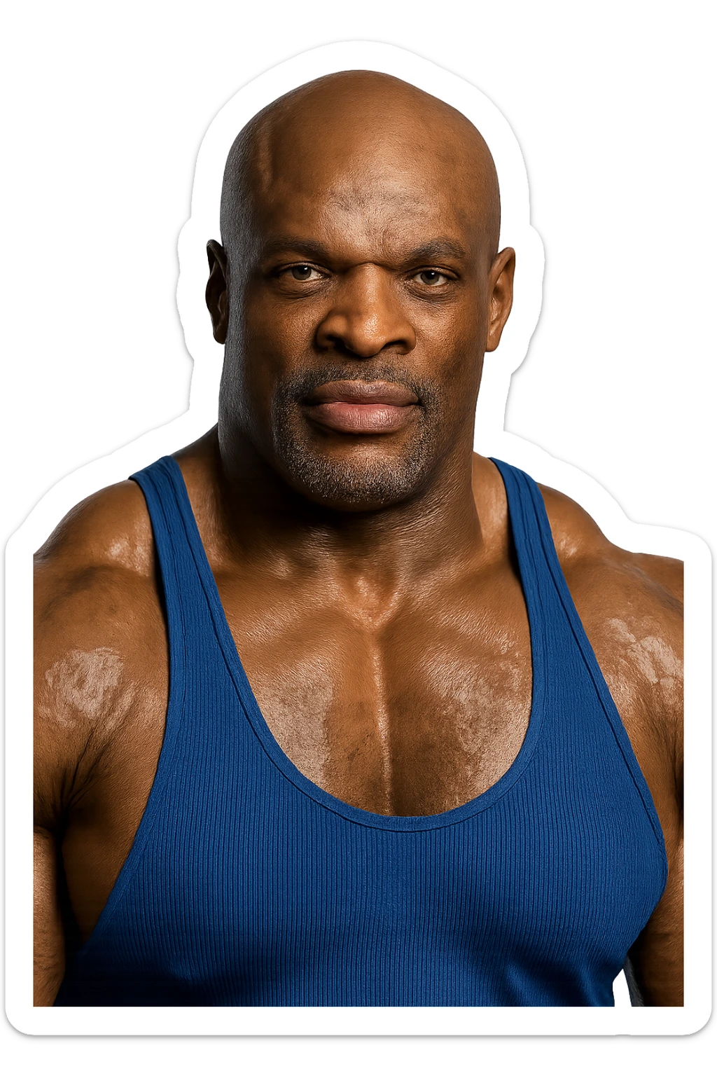 realistic and detailed portrait of Ronnie Coleman, famous bodybuilder, isolated on transparent background, 2:3 aspect ratio sticker