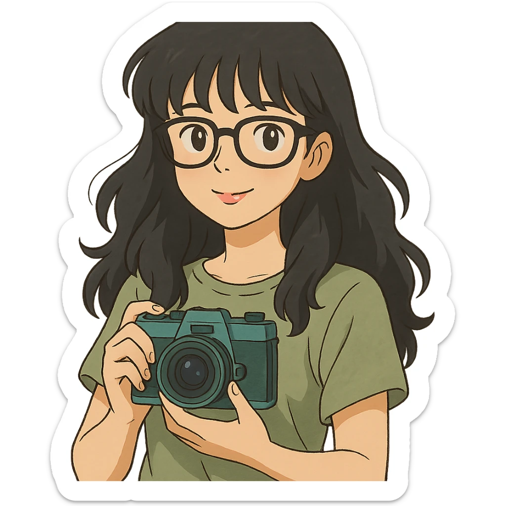 girl with long wavy black hair, bangs, black glasses, pink lip gloss, holding a teal camera, discreet smile, light moss green shirt, ghibli style sticker