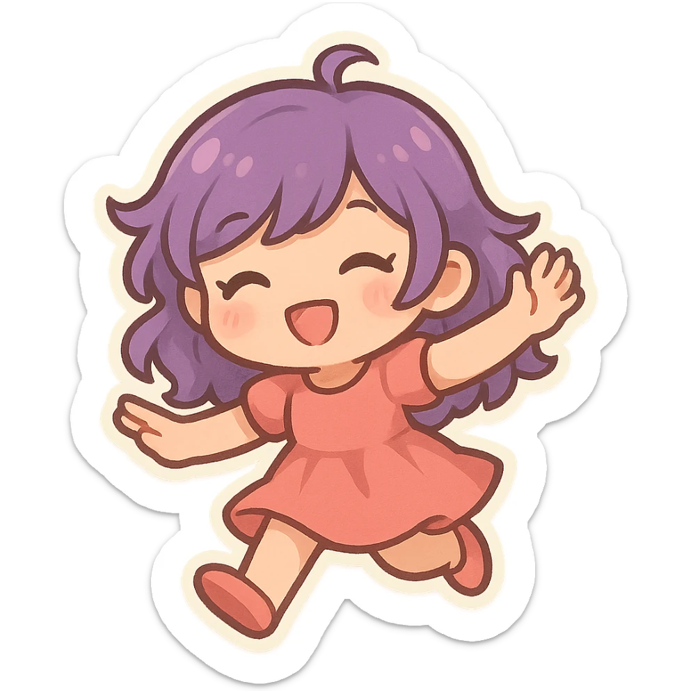 chibi girl with purple hair, dancing, cute chibi stickers illustration style sticker