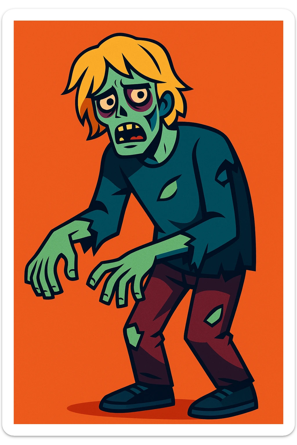 young man with slightly long blond hair depicted as a zombie with pale skin dark circles under eyes tattered clothing modern illustration style sticker