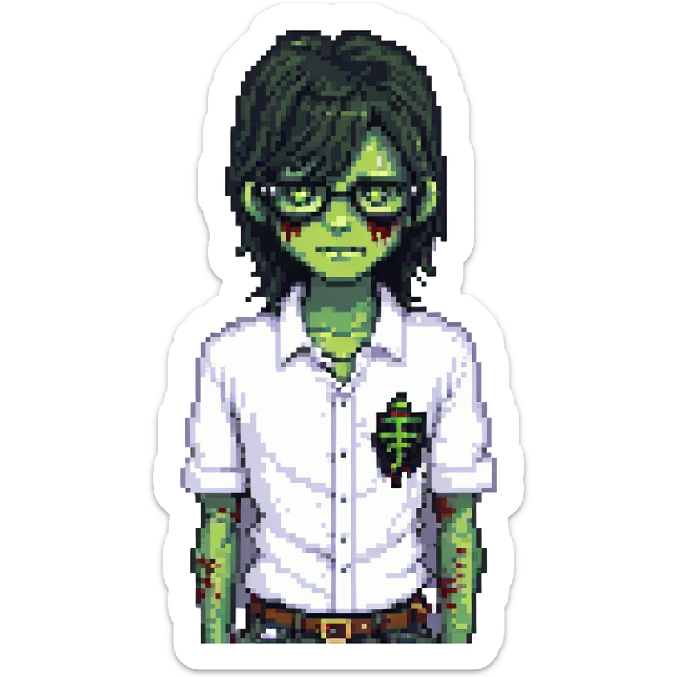 zombie boy with long black emo hair, glasses and white shirt, pixel art style sticker