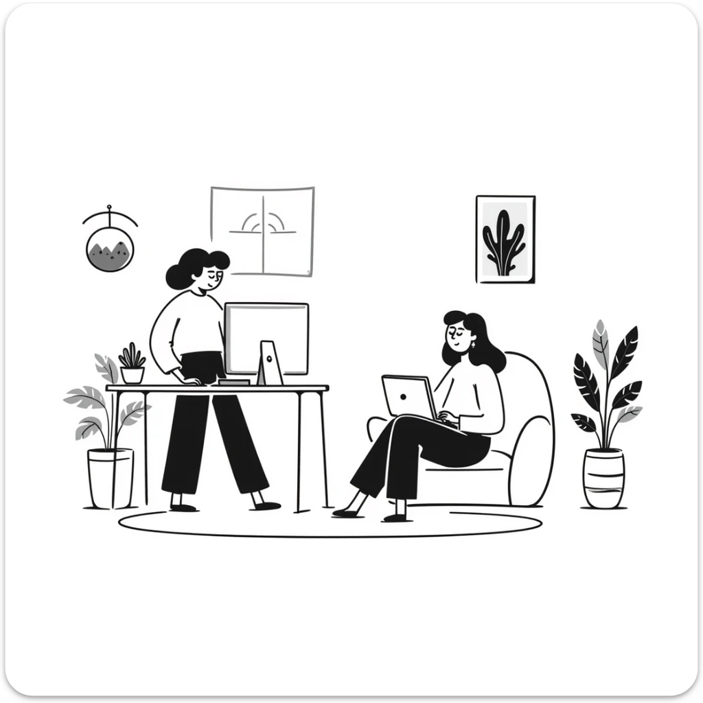 escenary 3d of a cozy mid-century living room with two people working on laptops, one man standing at a desk and one woman sitting on a couch, two walls and floor visible sticker