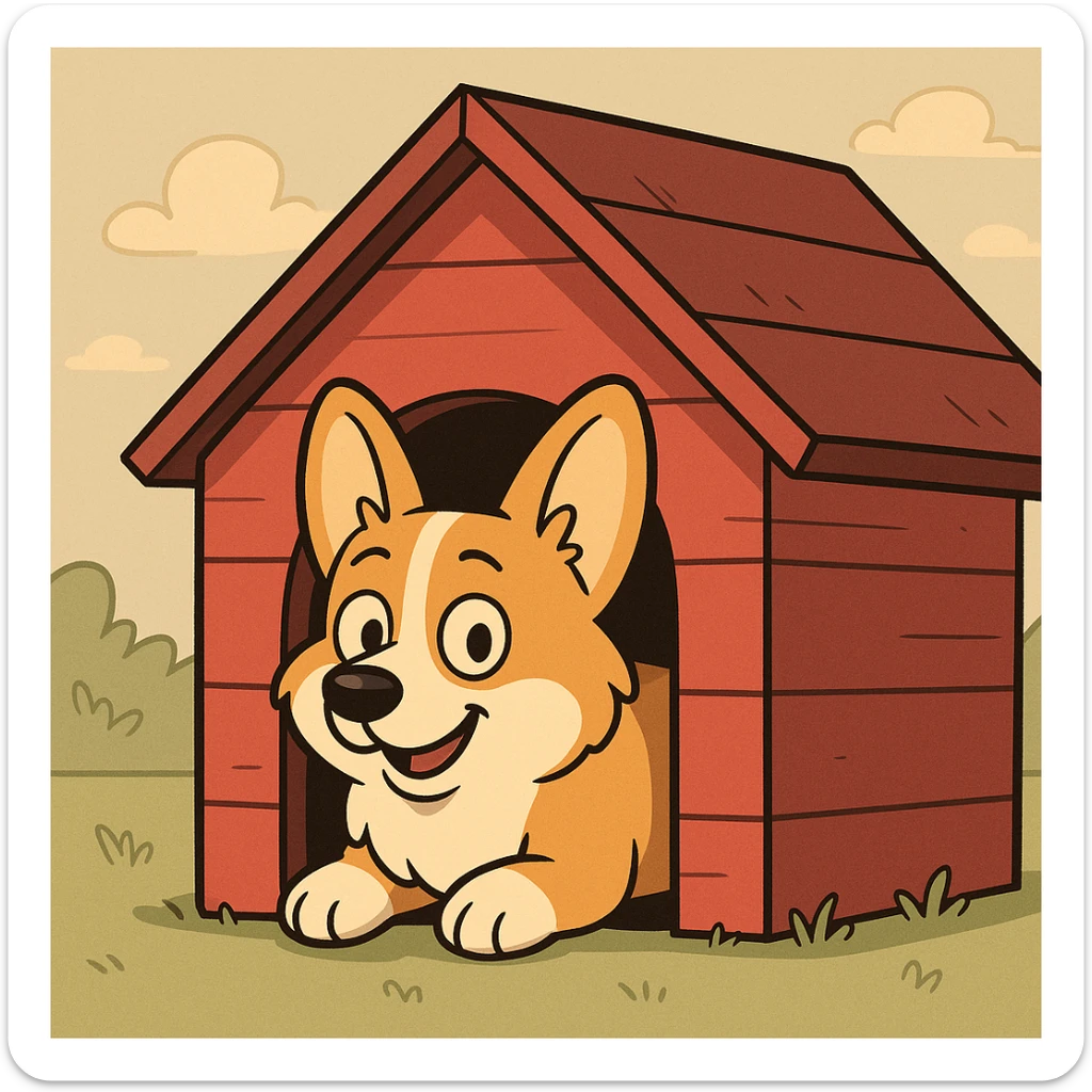 red dog house with a Corgi dog inside, Corgi peeking out, cartoon style sticker