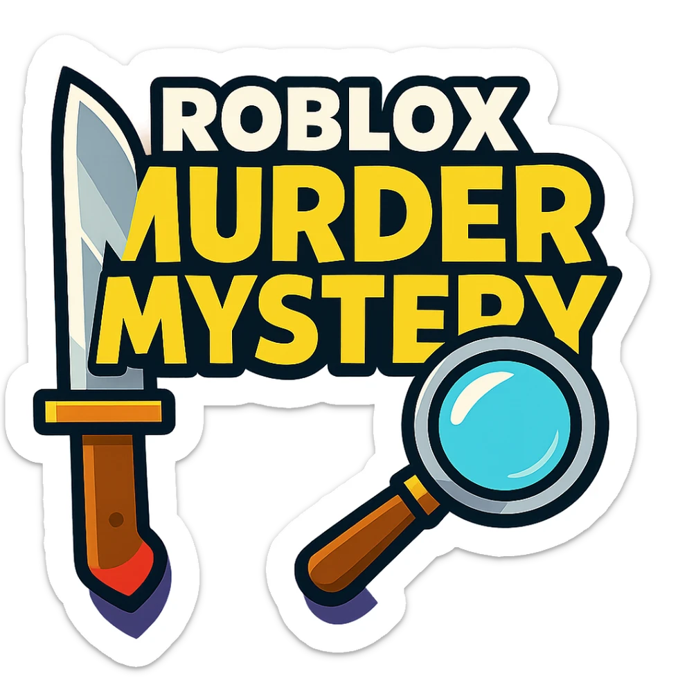 Roblox Murder Mystery logo with bold text, knife and magnifying glass, vibrant toon style sticker