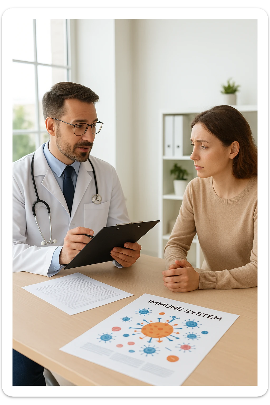 a doctor sits across from a patient in a bright, modern medical office. The doctor holds a clipboard and gently explains the diagnosis, while the patient listens with a concerned but attentive expression. On the desk, there are medical charts and a diagram of the immune system. The mood is empathetic and professional. sticker