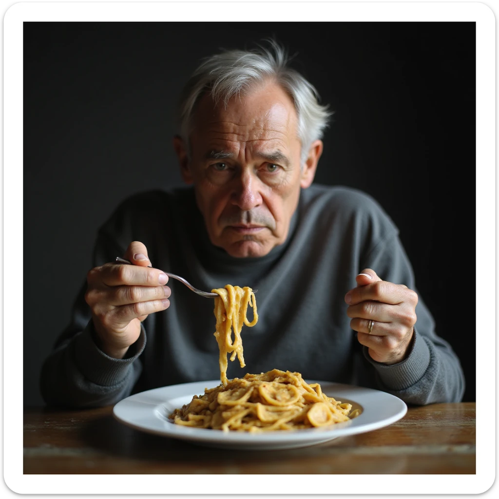 a hyperrealistic 4K image of a sad man about 30 years old eating a plate of pasta, with a sad expression sticker