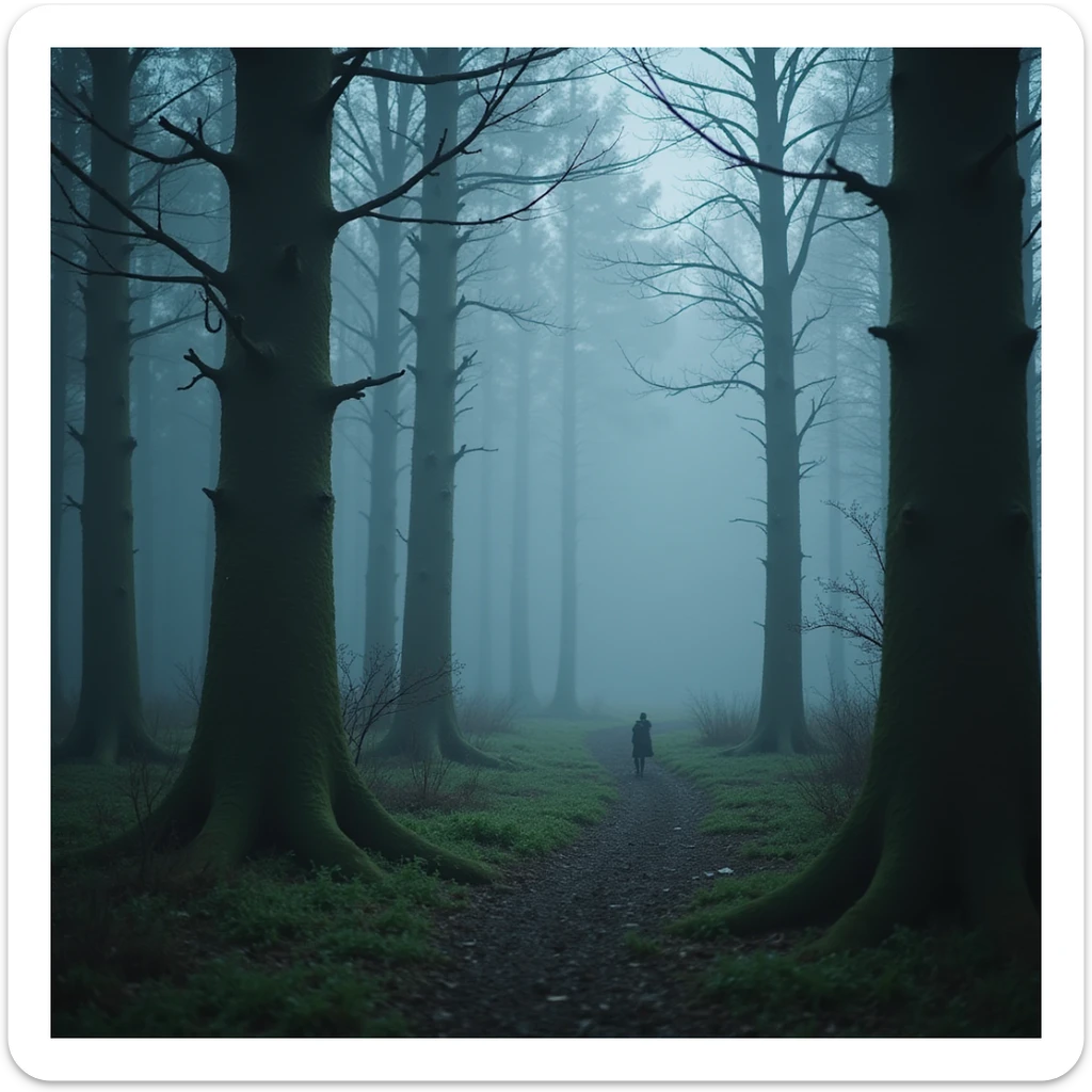the Forbidden Forest with magical creatures and mist, photorealistic style, Harry Potter series sticker