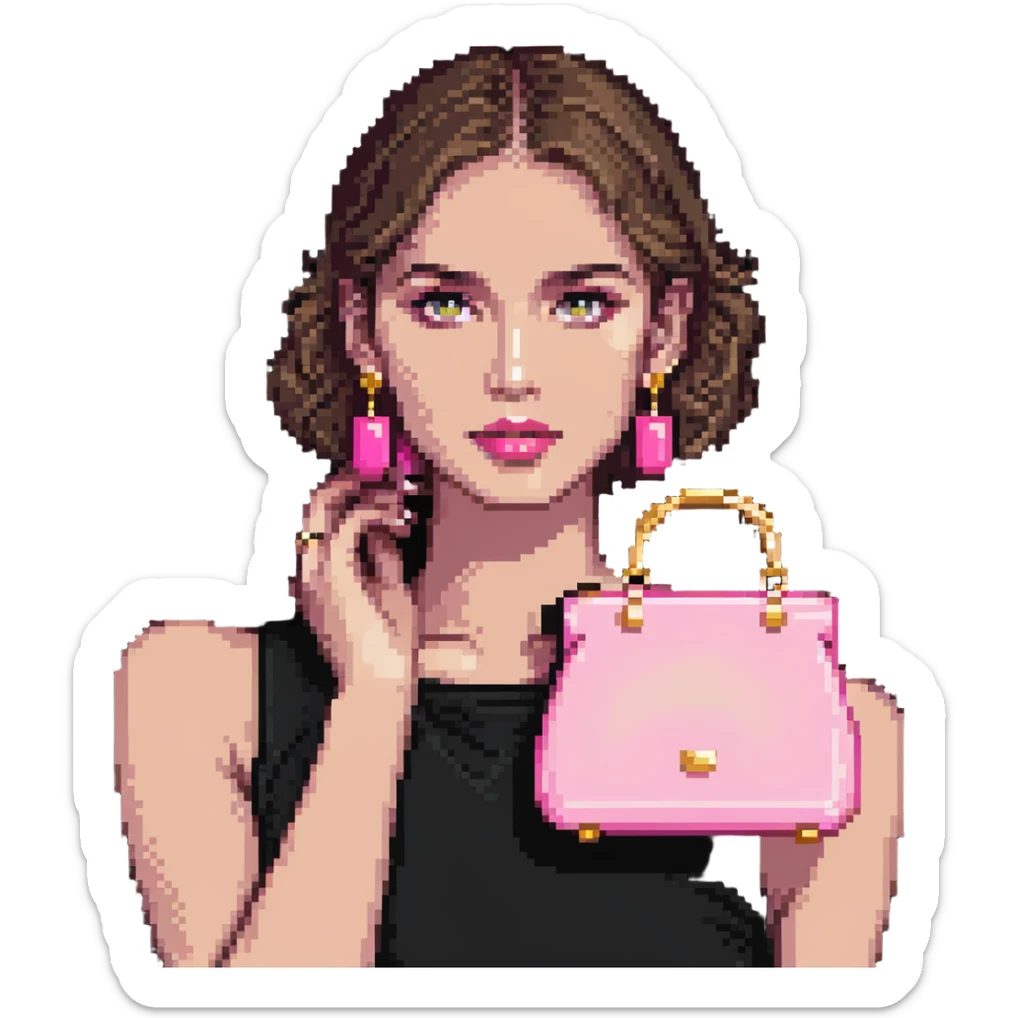 woman with gold earrings holding a pink purse sticker