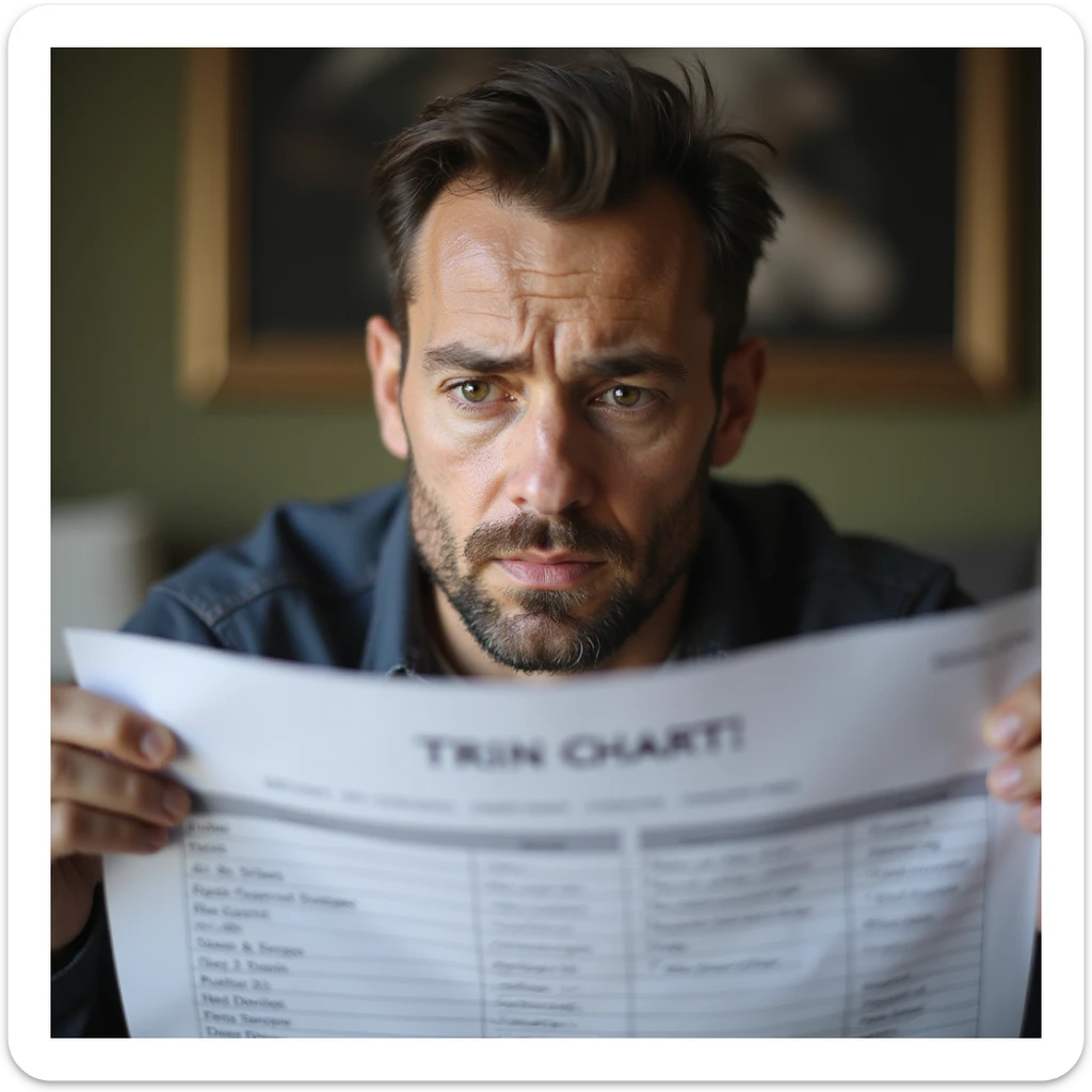 close-up of the face of a 30-year-old man, discouraged expression, holding a diet and training chart, domestic environment, 4K details sticker