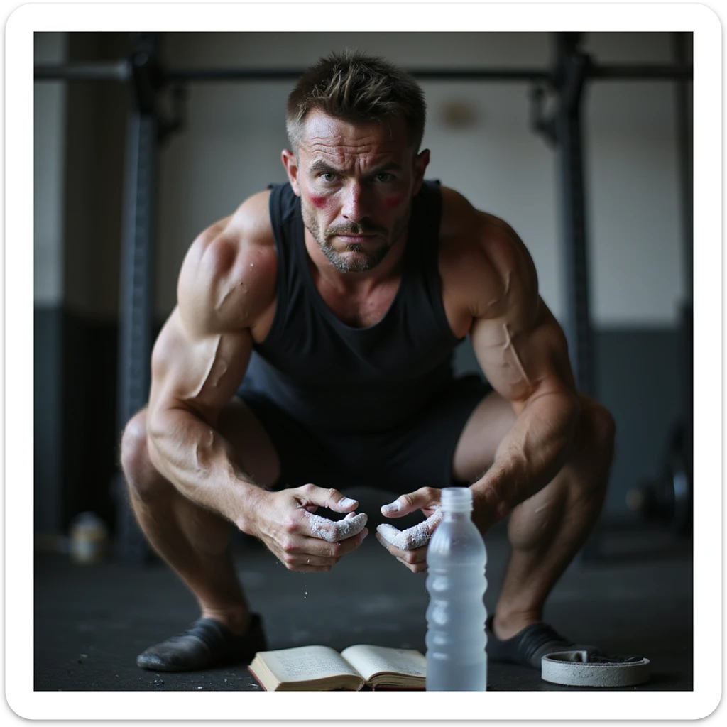 30-year-old muscular man, heavy squat in gym, tired face, hands with chalk, training diary nearby, dark circles and redness on joints, water bottle, magnesium, belt on floor, blurred gym background, cold lighting, cinematic realism style sticker