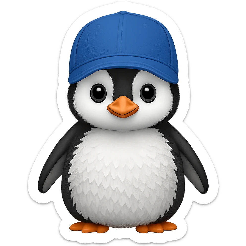 Add a baseball cap to the baby penguin. The image should have no background. sticker